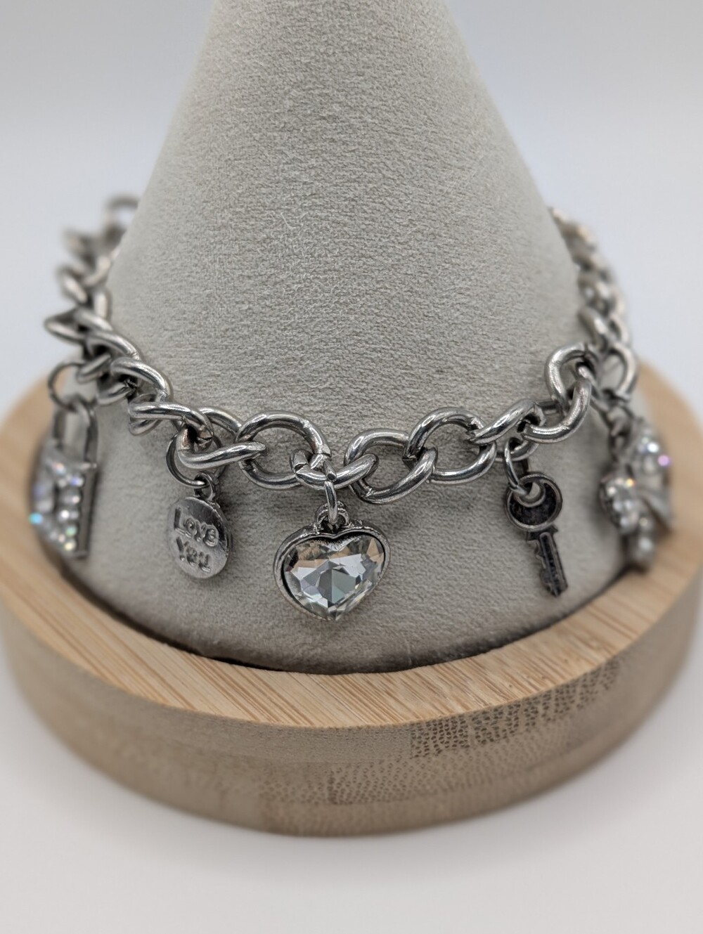 Silver Tone Charm Bracelet with Rhinestone Lock, Key & Heart Charms Adjustable
